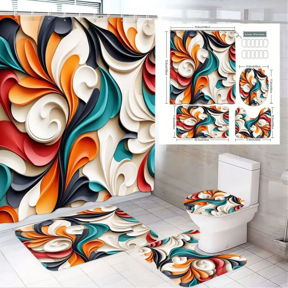 1/4pcs Abstract Swirl 3D Pattern Bathroom Curtain Set, Matching Decorative Aesthetic Shower Curtain, Bath Mat & Toilet Seat Cover - Multicolor Modern Design for Festive Home Decor, Perfect for Christmas, Waterproof Shower Curtain