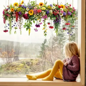 Hanging Orchid and Chrysanthemum Decorative Glass Stickers, Rural Style Floral Pattern, Summer Window Clings, Removable PVC Colorful Window Film