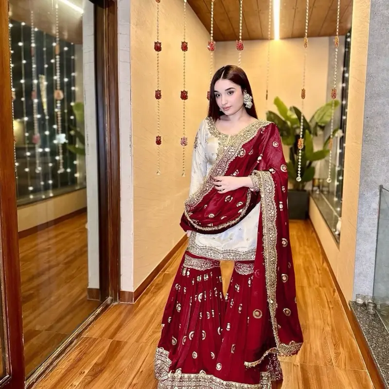Elegant Red Anarkali Maxi Dress, Women's Embellished Long Sleeve Indian Clothes, Comfortable Casual Wear for a Lady