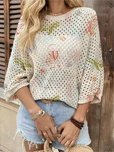 Spring & summer Bohemian knit top Blouse, round neck, hollow-out batwing sleeves, loose fit. Contrast gradient print, lightweight. Perfect for daily, commute, vacation & beach bikini cover-up.