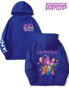 Girls Kpop Demon Hunters Graphic Casual Hoodie, Star Cartoon Pattern, Fitted Sweatshirt, Fall Winter Elastic Fabric, Christmas Gift,Demon Hunters Kpop Merch