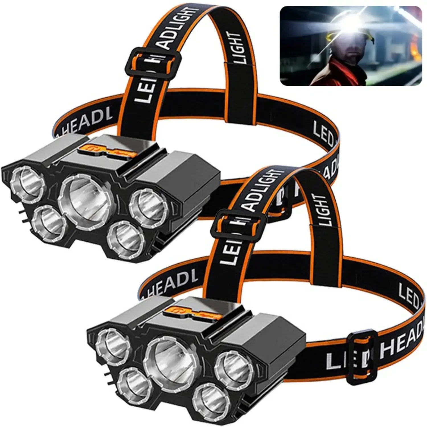 Adults' 2-Pack Rechargeable 5-LED Headlamp - Camping Accessories, 3 Lighting Modes, Waterproof, Adjustable Hard Hat Forehead Light, Compact and Lightweight, ABS, Batteries Built-In, Mens Gifts (Camping, Hiking), Father's Day Gifts, Accessories Adults