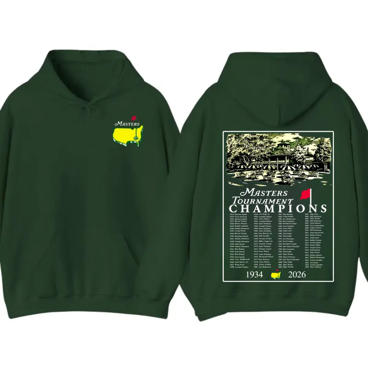 The Masters Champions 1934–2026 Hoodie, Augusta National Golf Tournament Pullover Hoodie, Vintage Golf Champion List Graphic, Cotton Streetwear Casual Top, Gift For Golfers