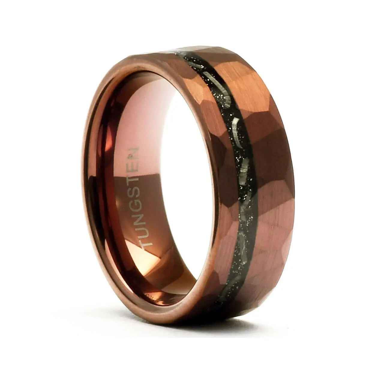 Men's Hammered Tungsten Ring with Meteorite Inlay - Unique Celestial Brown Band, Trendy Fashion Jewelry, Trendy Rings, Unique Design, Ring Jewelry