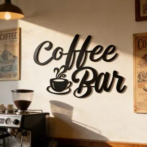 Vintage black metal coffee bar wall decoration, Decorative plaque, Rustic Farmhouse Design, handwritten letter design, suitable for farmhouse style kitchens, indoor and outdoor metal art decoration, coffee bar embellishment, Home Decor Products