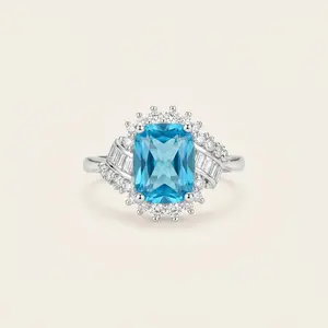 Elegant Radiant Cut Mint Blue Statement Adjustable Ring, Classic Band with Baguette Accents for Women, Trendy Alloy Party Accessory