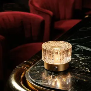 LED Table Lamp - USB Rechargeable, Touch Control, Stepless Dimming, Gold Base, Acrylic Diamond Shade, Cordless Ambient Light for Bedroom, Living Room & Cafe