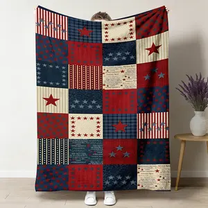 1pc Patriotic USA Stars Stripes Flannel Blanket, Soft Warm American Flag Patchwork Blanket, Cozy Plush Throw Blanket, USA Flag Design Blanket, Ideal for Sofa Couch, Patriotic Gift, Birthday Present 50"x60"