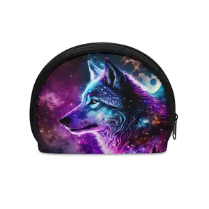 Galaxy Wolf Mini Coin Storage Bag Waterproof Anti Dirty Black Elastic Cloth Fleece Zipper Pouch Trendy Animal Print Multi Purpose Small Wallet for Coins Keys Cards Earbuds Pet Fans Daily Travel Camping Party Holiday Essential outdoorfun