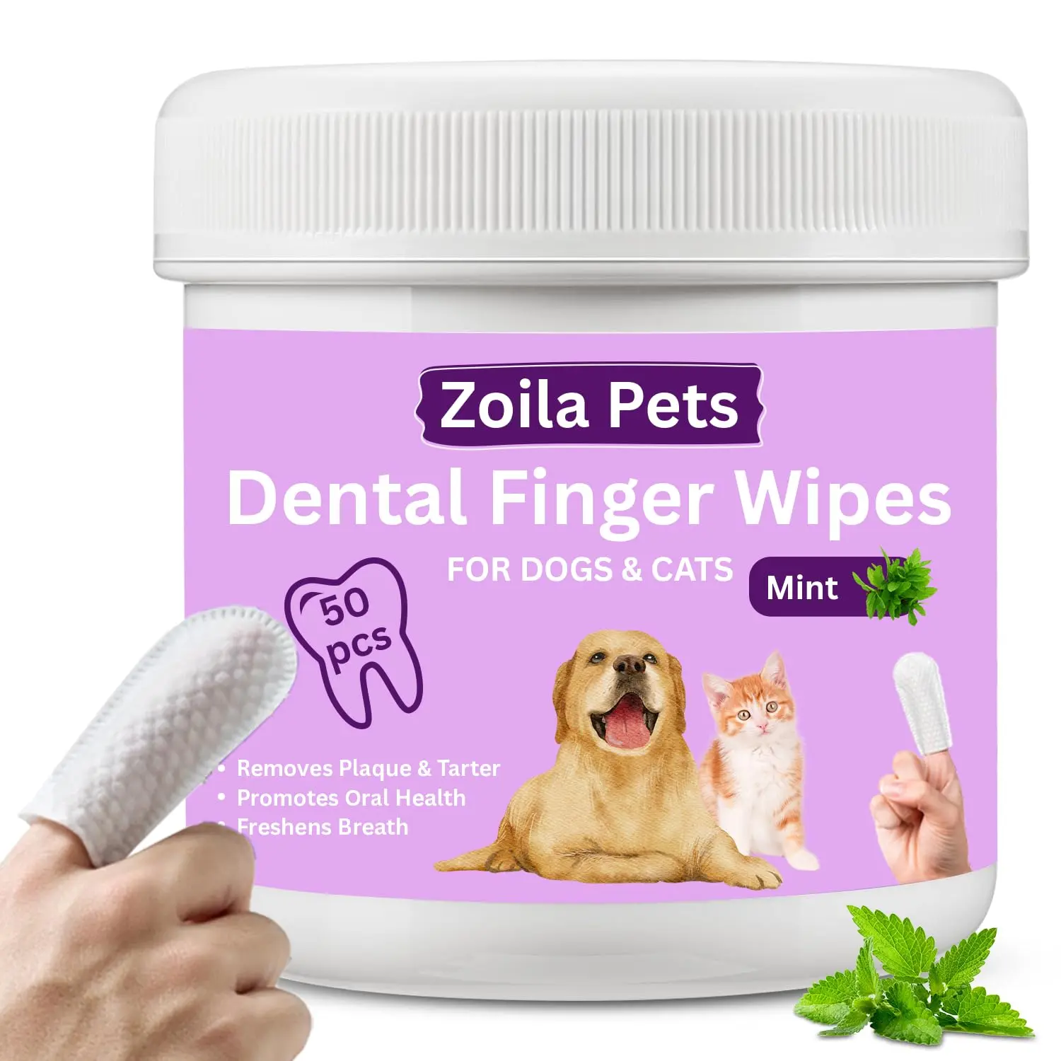 Zoila Pets Dental Finger Wipes for Dogs & Cats | Mint, Peanut Butter & Unscented Variants | Removes Plaque & Tartar | Fresh Breath Oral Care | 50 Pcs Pet Teeth Cleaning Finger Pads