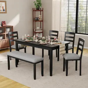 Solid Wood 6-Piece Modern Dining Set - 58"/W Table with 4 Windsor Chairs & 1 Bench, Indoor Furniture Set for Home Restaurant Kitchen