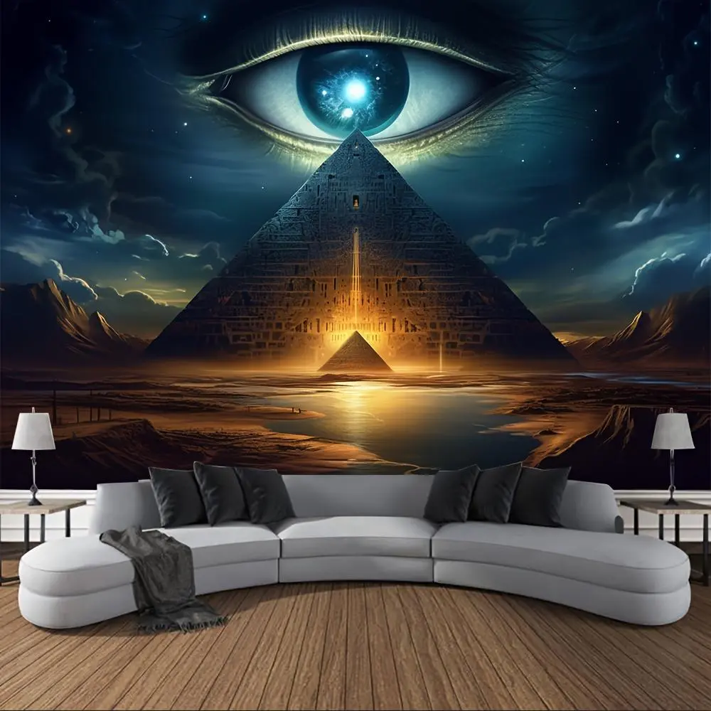 1PC Polyester Wall Tapestry - 2D Flat Mystery Ancient Egyptian Pyramid, All-Seeing Eye Design, Fantasy Starry Sky Pattern Desert Scene Backdrop Banner, Home Room Decoration, Festive Party Supply