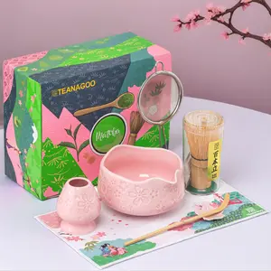 TEANAGOO 7-PCS Pink Matcha Whisk Set with Cherry Blossom Design Complete Ceremony Kit Ceramic Chawan Bowl Spout Whisk Accessories Traditional Matcha Tea Set for Lattes Gift Giving