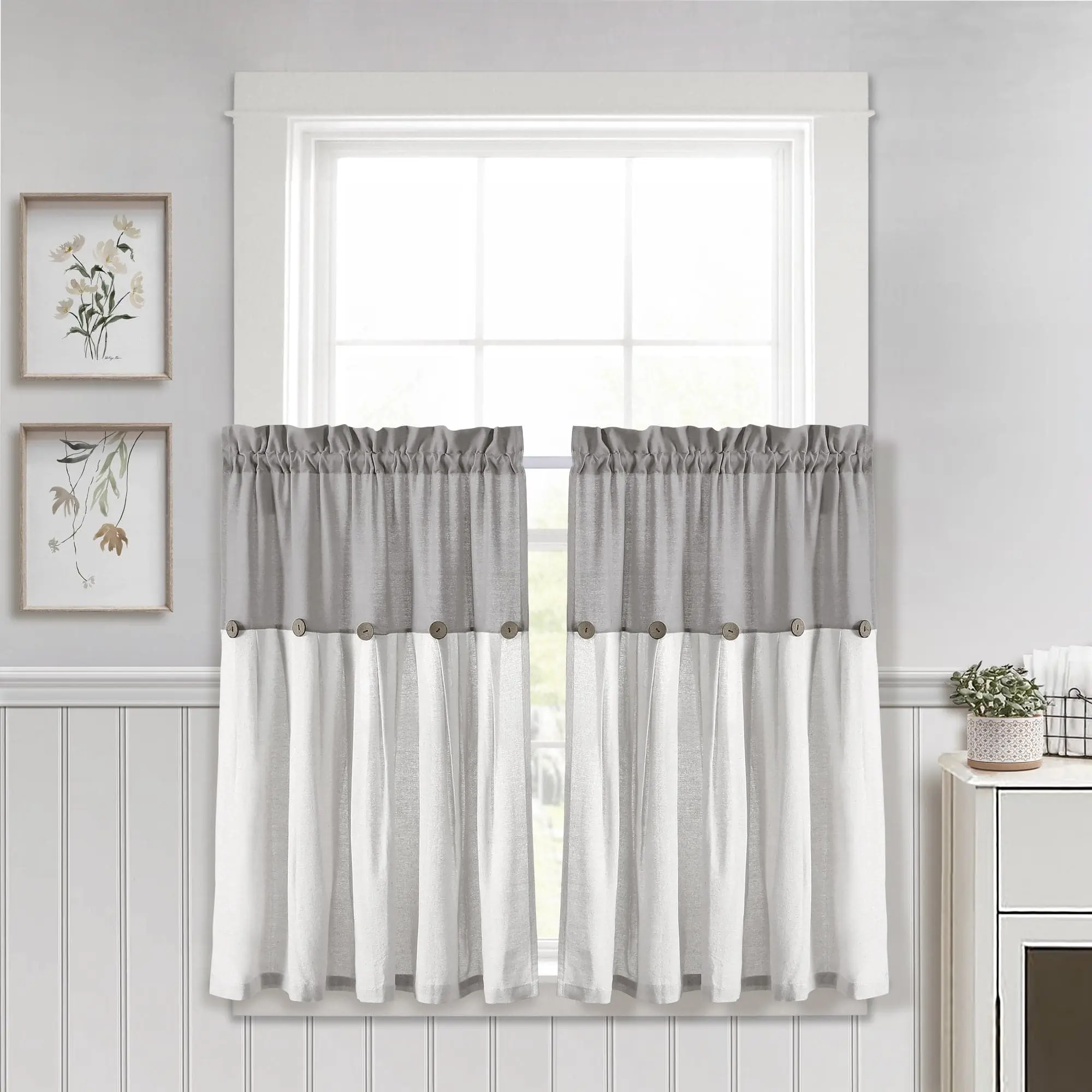 Lush Decor Faux Linen Button Kitchen Window Tiers Set Rustic Button Detailing Color Blocking Home Decoration Curtain 29"W x 24"/36''L + 2" Header