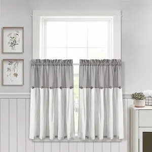 Lush Decor Linen Button Kitchen Window Tiers Set Rustic Button Detailing Color Blocking Home Decoration Curtain 29"W x 24"/36''L + 2" Header