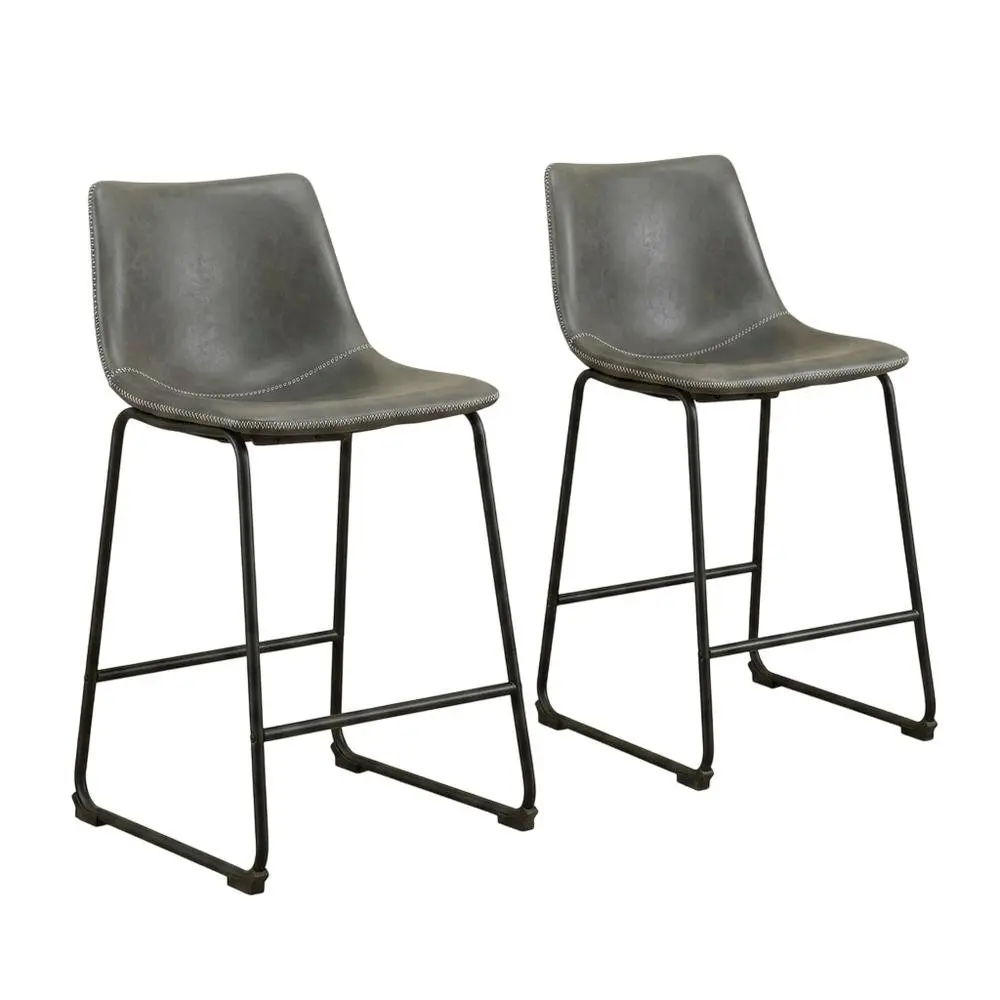 Antique Gray Vintage PU Leather Counter Height Stools, Set of 2