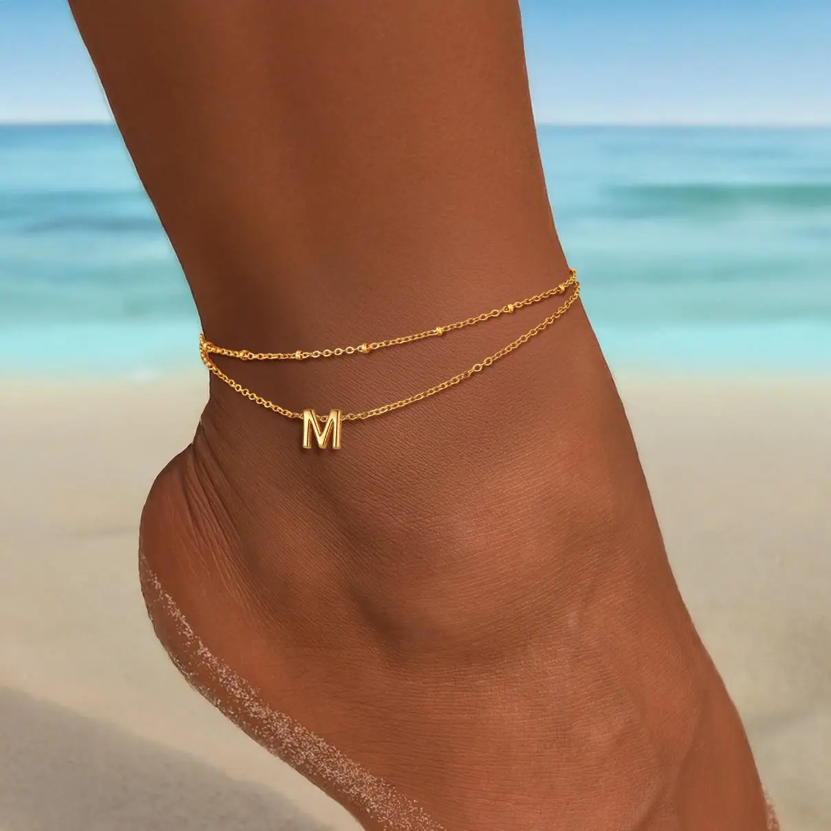 FindChic Initial Two-layered Anklet Daily Casual Letter Pendant Summer Beach Footwear Jewelry Gift for Women Girl Girlfriend