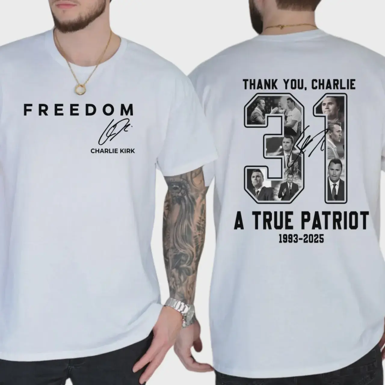 Men's Basic 100% Cotton Round Neck 2-Sided Freedom Patriotic Print Short-Sleeve Graphic Tee, Rest In Peace Charlie Kirk, Machine Washable, Unisex USA-Made Casual Streetwear Top, S-4XL Sizes, All Colors, All Seasons