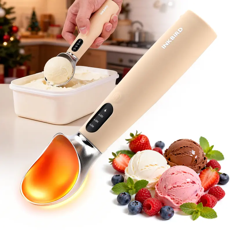 INKBIRD Rechargeable Battery Heated Digital Stainless Steel Ice Cream Scoop - Ergonomic Waterproof Kitchen Utensil, LED Display, Durable Zinc Alloy, Smooth Tool for Hard Treats, Scooping Ice Cream Solution