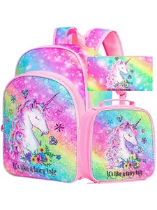 3PCS Kids Unicorn Backpack for Girls, 16" sequin Bookbag with Lunch Box, School Bag Set for Elementary Preschool Toddler, Starry Bag