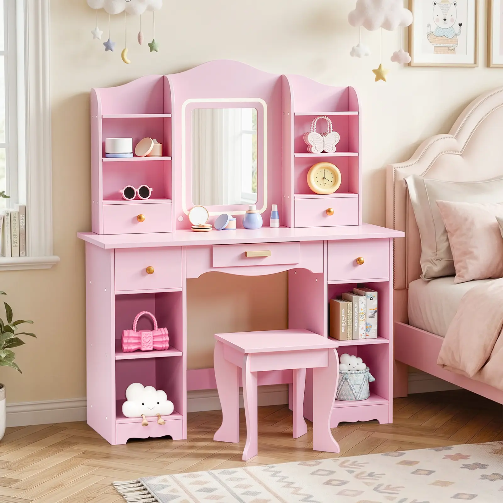 Arlopu Kids Vanity with 3-Color Lights, Girls Vanity Set w/Large Storage, Mirror ＆ Stool, 2 in 1 Princess Wooden Pretend Play Makeup Desk, Dressing Table and Chair, Open Shelves, Drawer, homeessentials