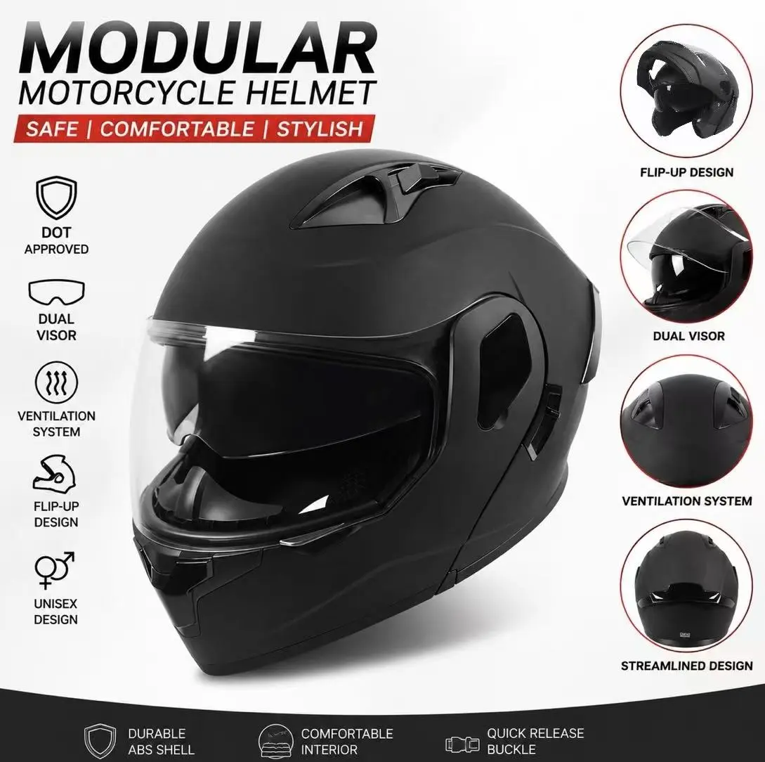 DOT Approved Flip Up Modular Motorcycle Helmet, Dual Visor Full Face Moto Helmet for Adult Men Women, Suitable for ATV UTV Street Bike, with Bonus Gloves & Mask