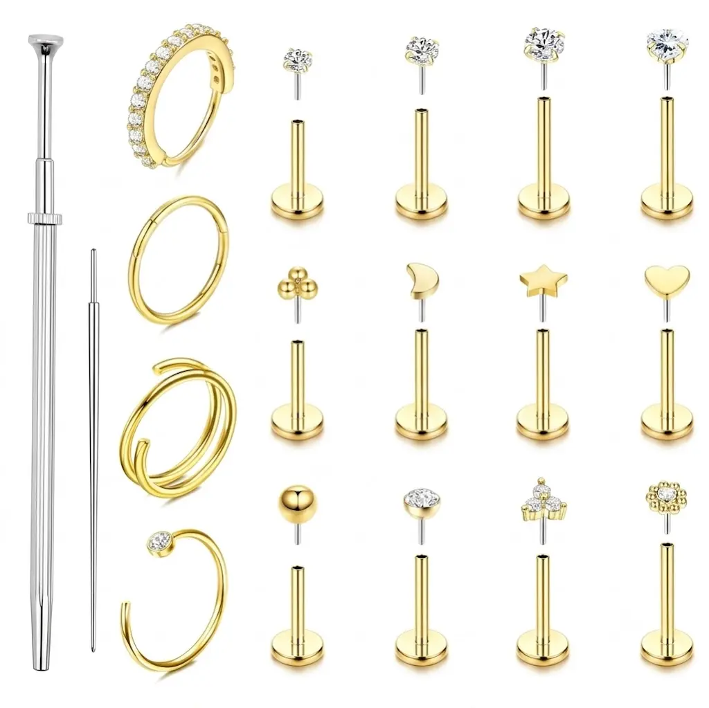 Surgical Steel Nose Rings & Studs Set with CZ Accents, Hypoallergenic Rhinestone Body Jewelry for Women, Threadless Push-In Fit with Flat Back, Rhinestone Nose Ring, Christmas, Piercings, Valentine, Showers, Mother's Day, Women's Fashion, Nose Piercings