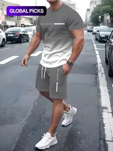 Men's Gradient Letter Signature 3D Full-Print Round Neck Pullover T-Shirt + Beach Shorts Matching Set, Tropical Casual Summer, Lightweight