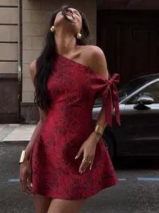 Women's Elegant Slim Asymmetrical Jacquard Dress Floral Jacquard Twist Shoulder Design Elegant Dress Spring