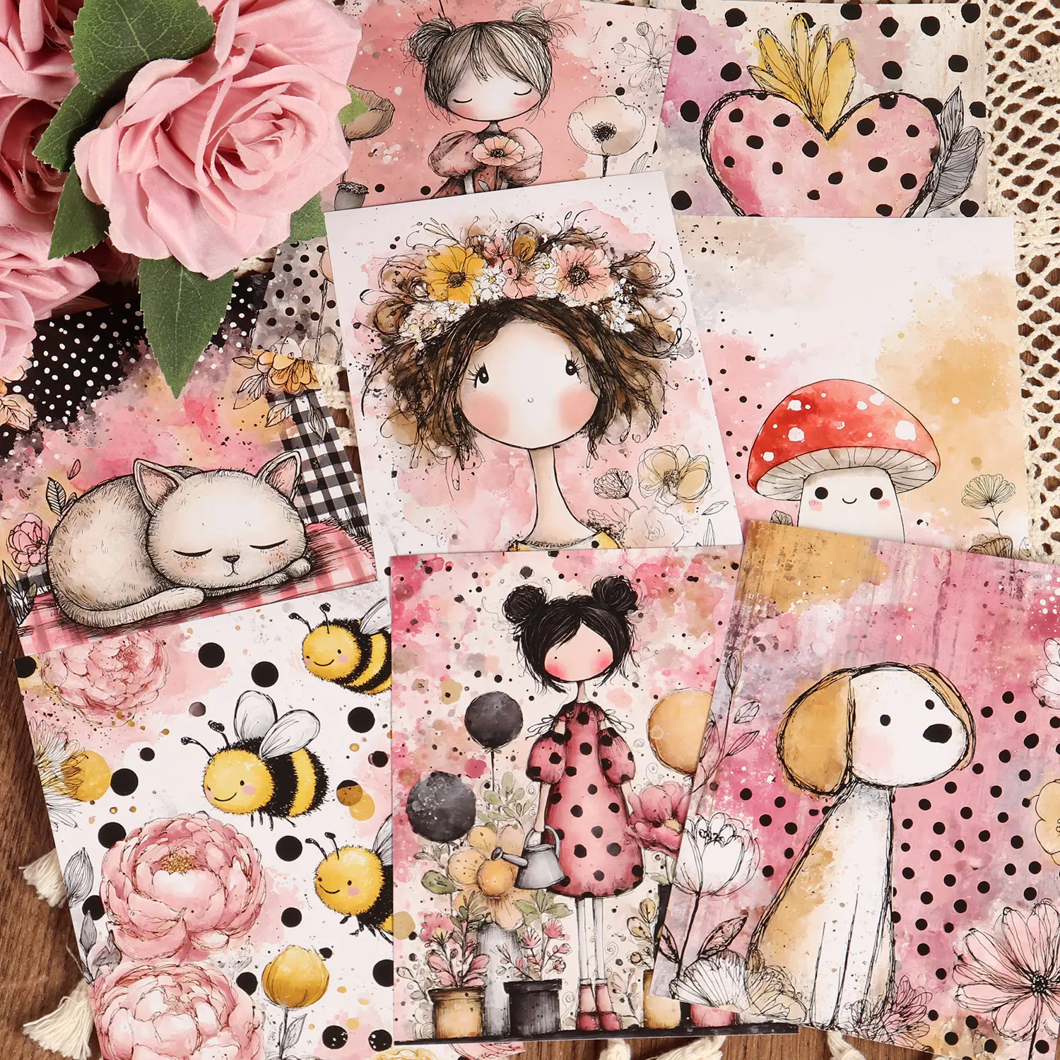 32sheets Vintage Yellow Pink Black Dots Girls DIY Junk Journal Paper, for Scrapbooking Supplies, Picture Frame Decoration, Gift Wrapping Paper, Handmade Waste Diary, Holiday Decorations, Collage Decoration, Craft Enthusiasts, Paper Craft, Card Making