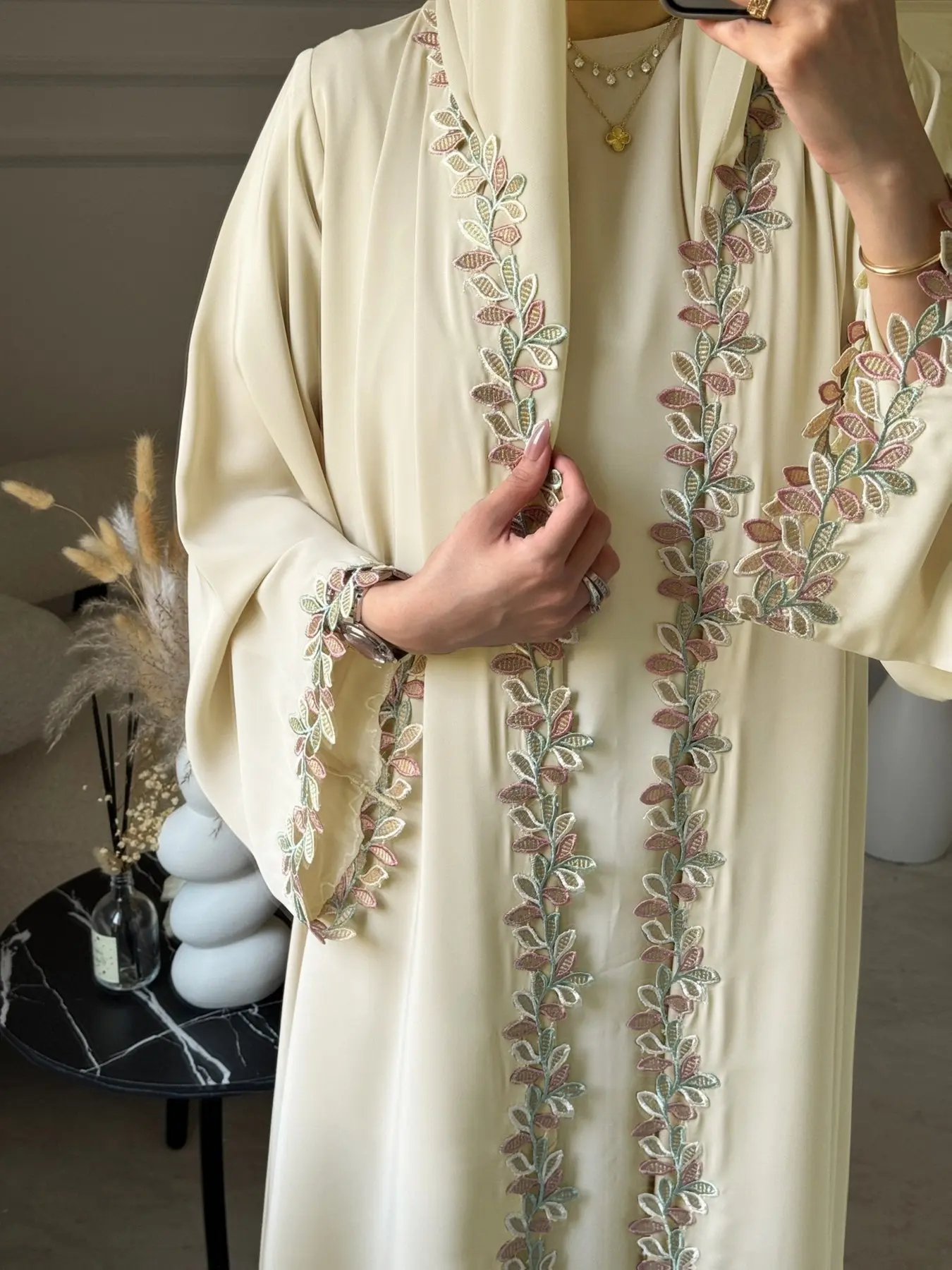 Pure Color Floral Print Long Sleeve Cardigan, Simple Elegant Fashion Versatile Casual Robe with Headscarf, Women's Stylish Loungewear, Modest Muslim Clothing, Modesty Muslim Clothing, Elegant Islamic Clothing, Islamic Modesty Clothes, Modest Fashionable