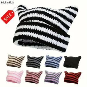 2026 New 1pc Handmade Crochet Little Devil Cat Ear Beanie, Unisex Knitted Streetwear Hip-Hop Hat, Soft Stretchy & Versatile Casual Fashion Headwear, Lightweight Comfortable for Outdoor & Daily Wear, Machine Washable All-Season Cool Hat for Men & Women