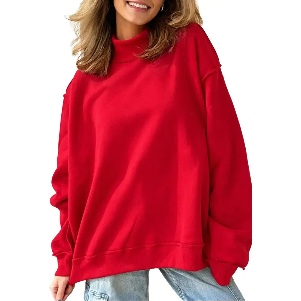 EncoLax Loose Women Thick Winter Pullover Hoodie, Ribbed Turtleneck Fleece Lined Thermal Warm Long Sleeve Basic Tops