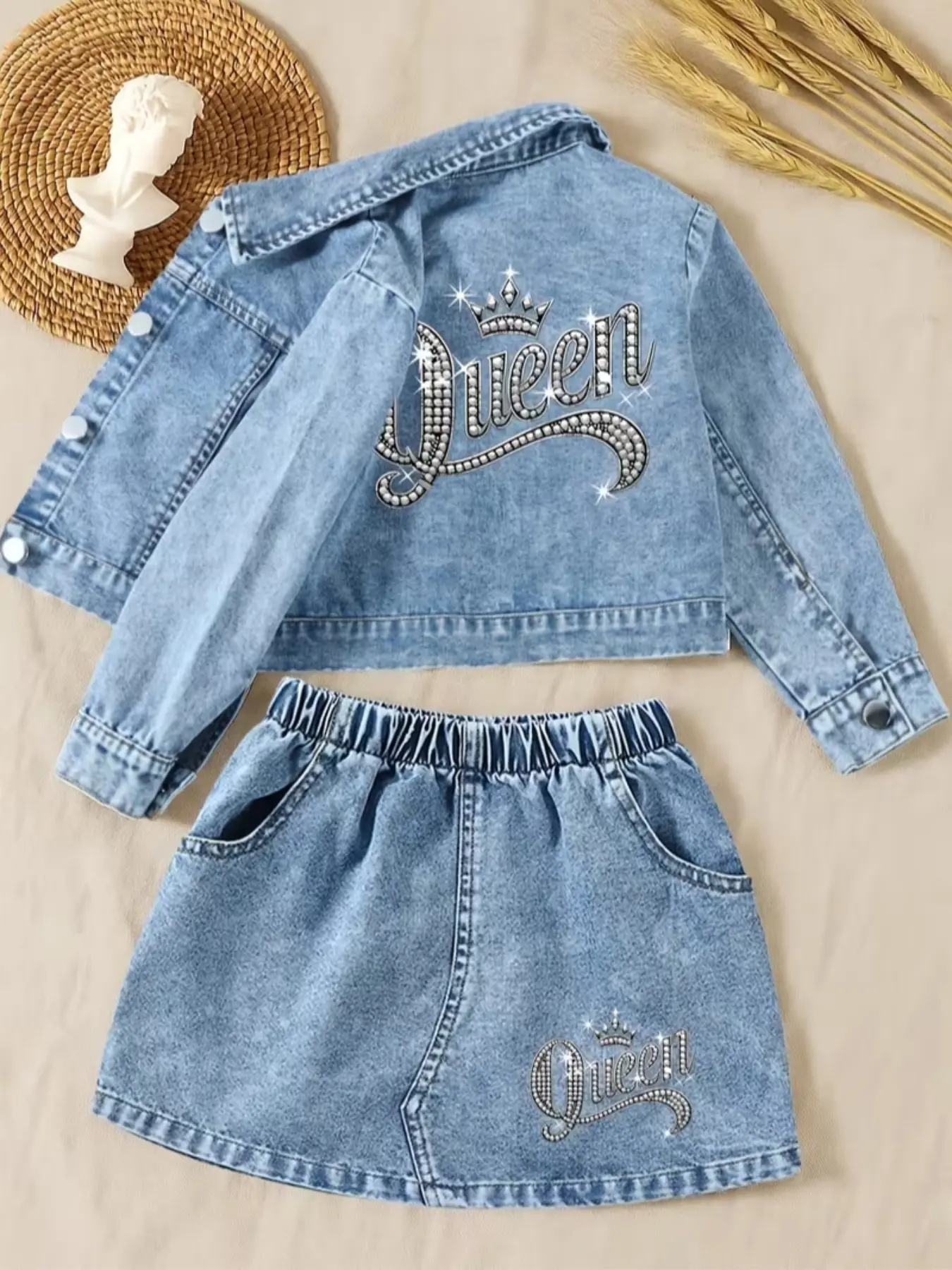 Girls' 2-Piece Set Denim Jacket & Skirt, Queen Crown Pattern, Long Sleeve Fitted Casual Style, Perfect for Outdoor Activities, Fashion Set, Clothes Sets