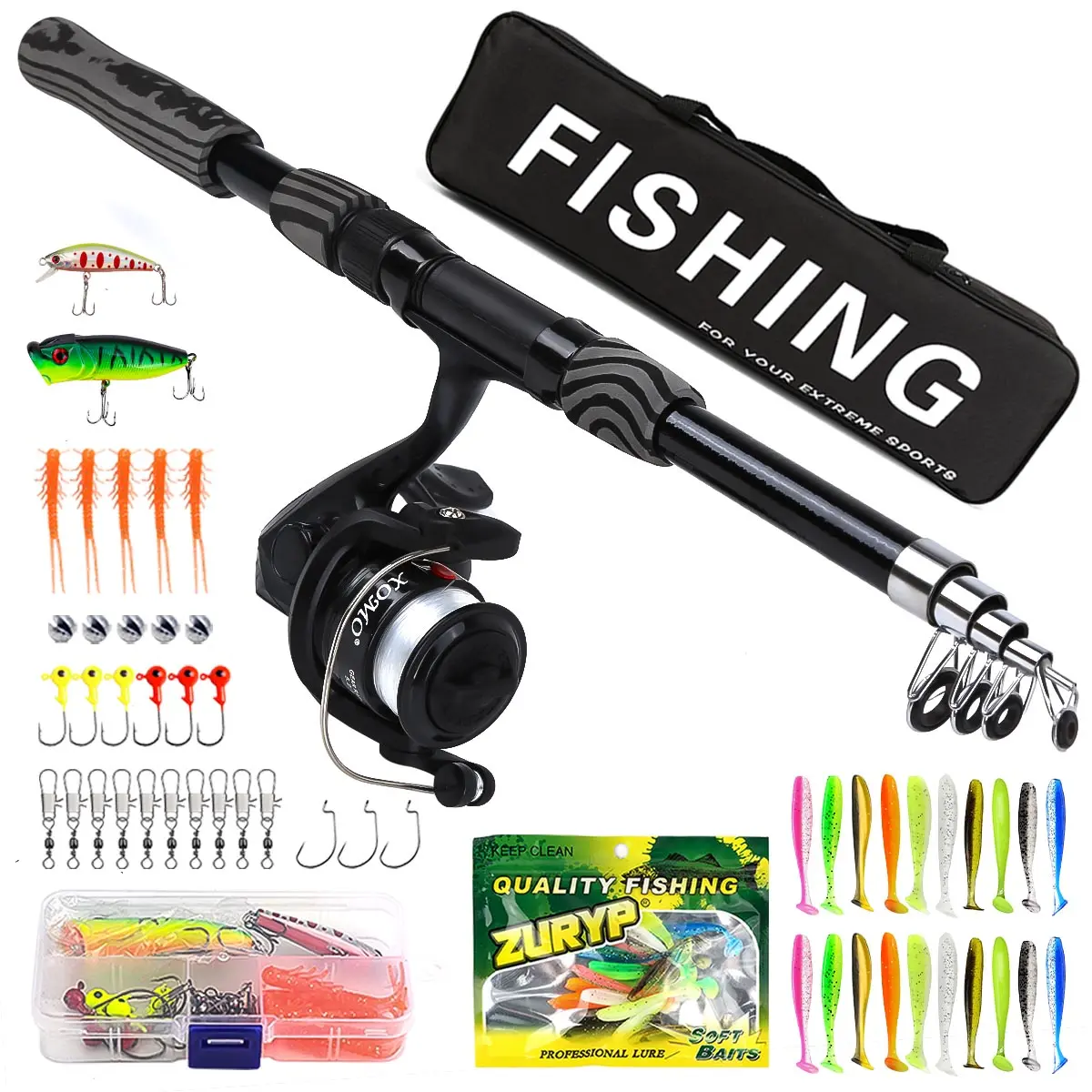 Full Set Telescopic Fishing Rod Tackle Kit with Reel, Fishing Rod Combo, Multi-Color Lures, Soft Fishing Lure, Accessories Box & Portable Bag, Freshwater Saltwater Beginner Gear, Fishing Equipment, Fishing Gear Supplies, Fishing Gear And Equipment