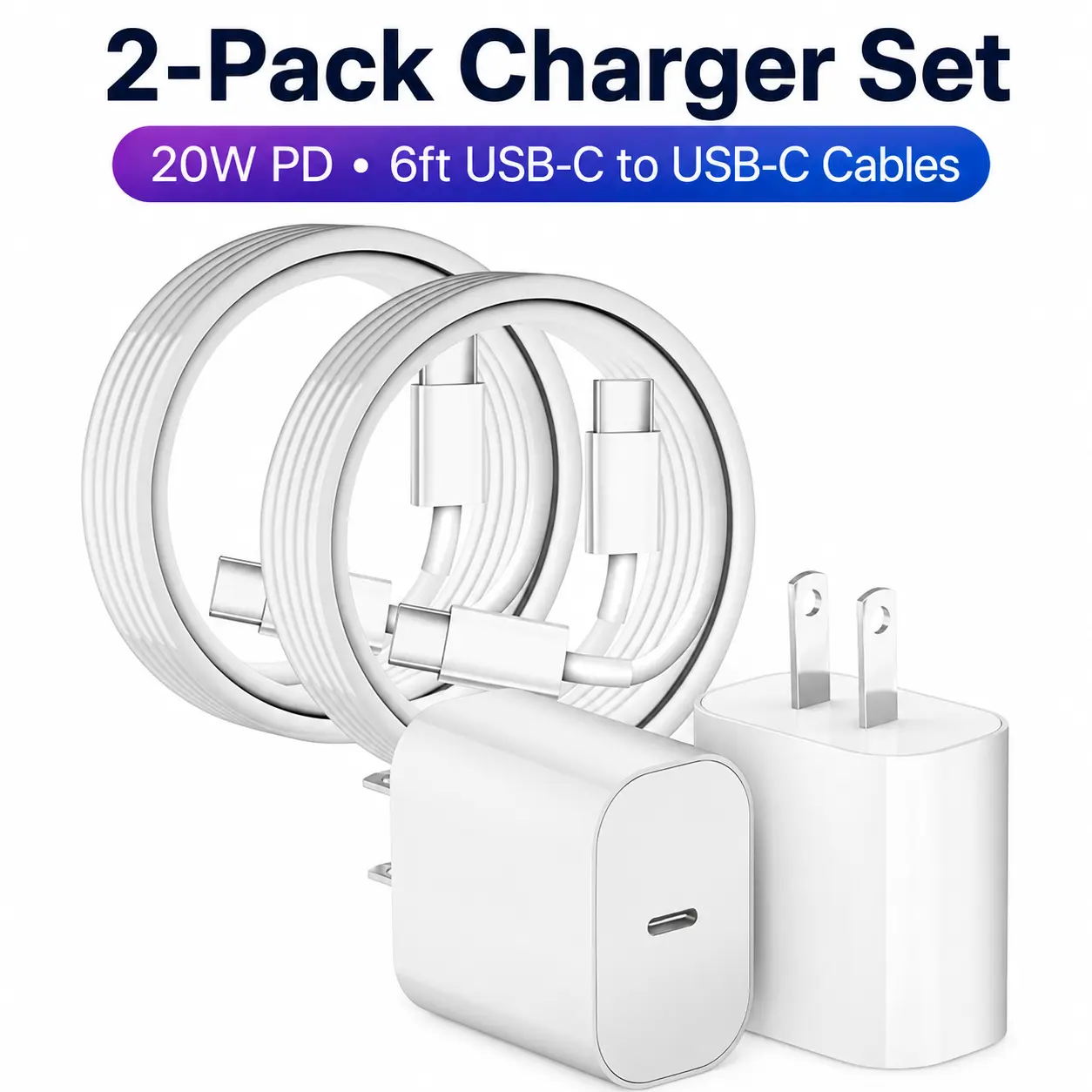 4-Pack 20W USB-C Fast Charger Kit – Includes 4 Wall Charger Blocks + 4 USB-C to USB-C Cables (6FT Each), Compatible with iPhone 17/16/15 Pro Max/Plus, Samsung Galaxy S24/S23, Pixel, iPad, AirPods, and More – White, Back-to-School Bundle