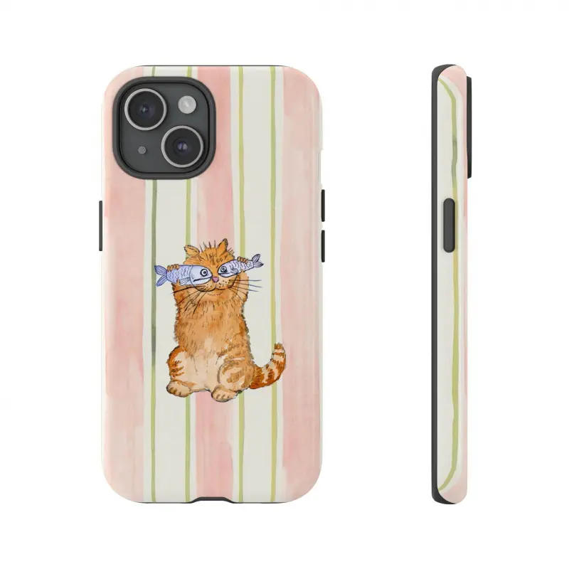 Durable Polycarbonate-TPU Cellphone Case Cover Shell, Cute Orange Cat & Fish Pastel UV Printing, Slim Lightweight, Shockproof Protector, Raised Edges, Precise Fit, Multi-Background Cartoon Accessory, Gift for Her, Accessories, Cute Accessories