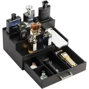 Cologne Organizer for Men, 3 Tier Perfume Display Stand with Drawer and Hidden Compartments, Stylish Wooden Mens Cologne Holder for Dresser, Great Gift for Men/Fathers, Black