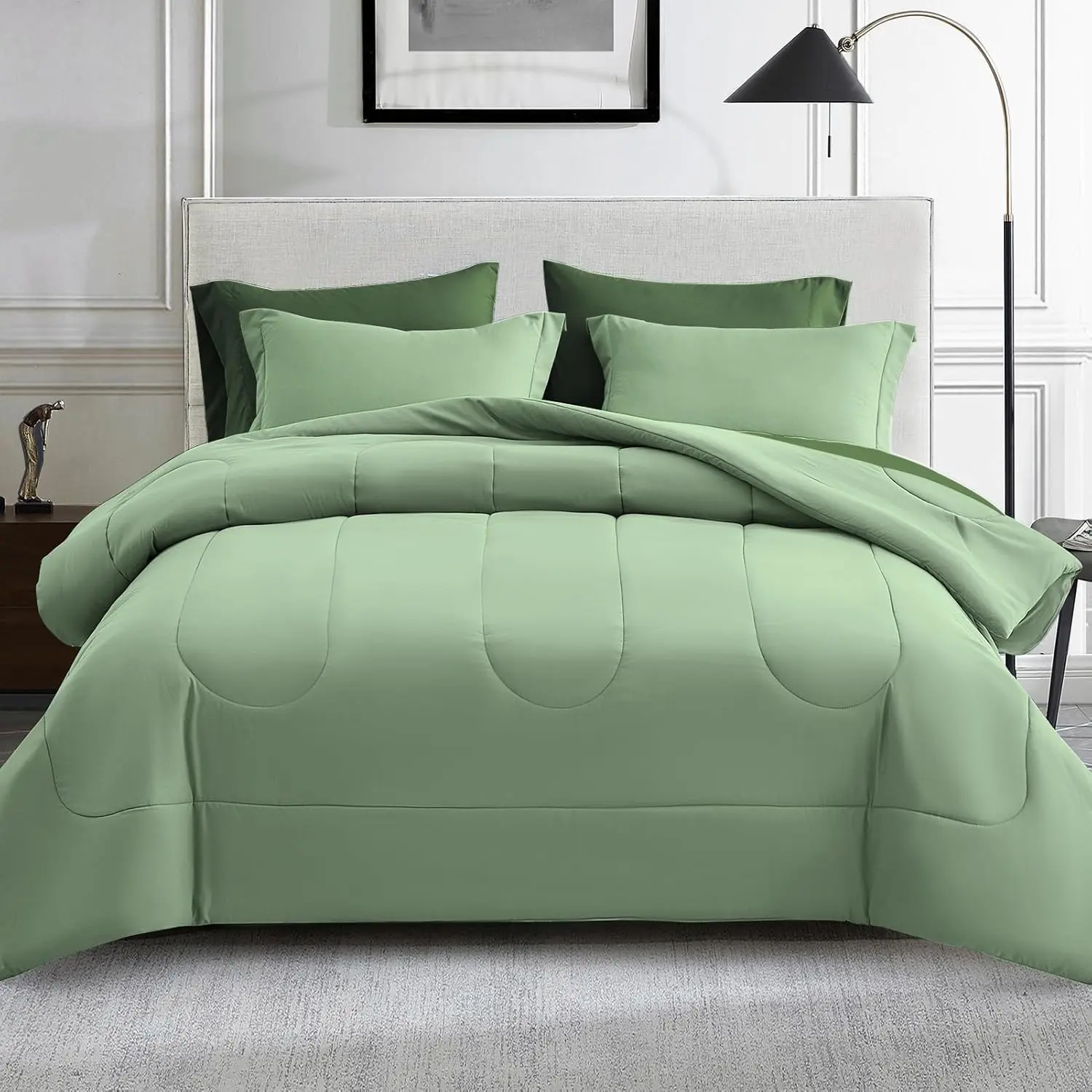 7-Piece California King Size Synthetic Down Alternative Comforter Set - Durable, Machine Washable, Year-Round Sleep All Seasons Contemporary Bedding Collection, 1 Bundle with Polyester Cover, Pillowcases, Shams, Duvet Insert, Sage Green, One Bundle
