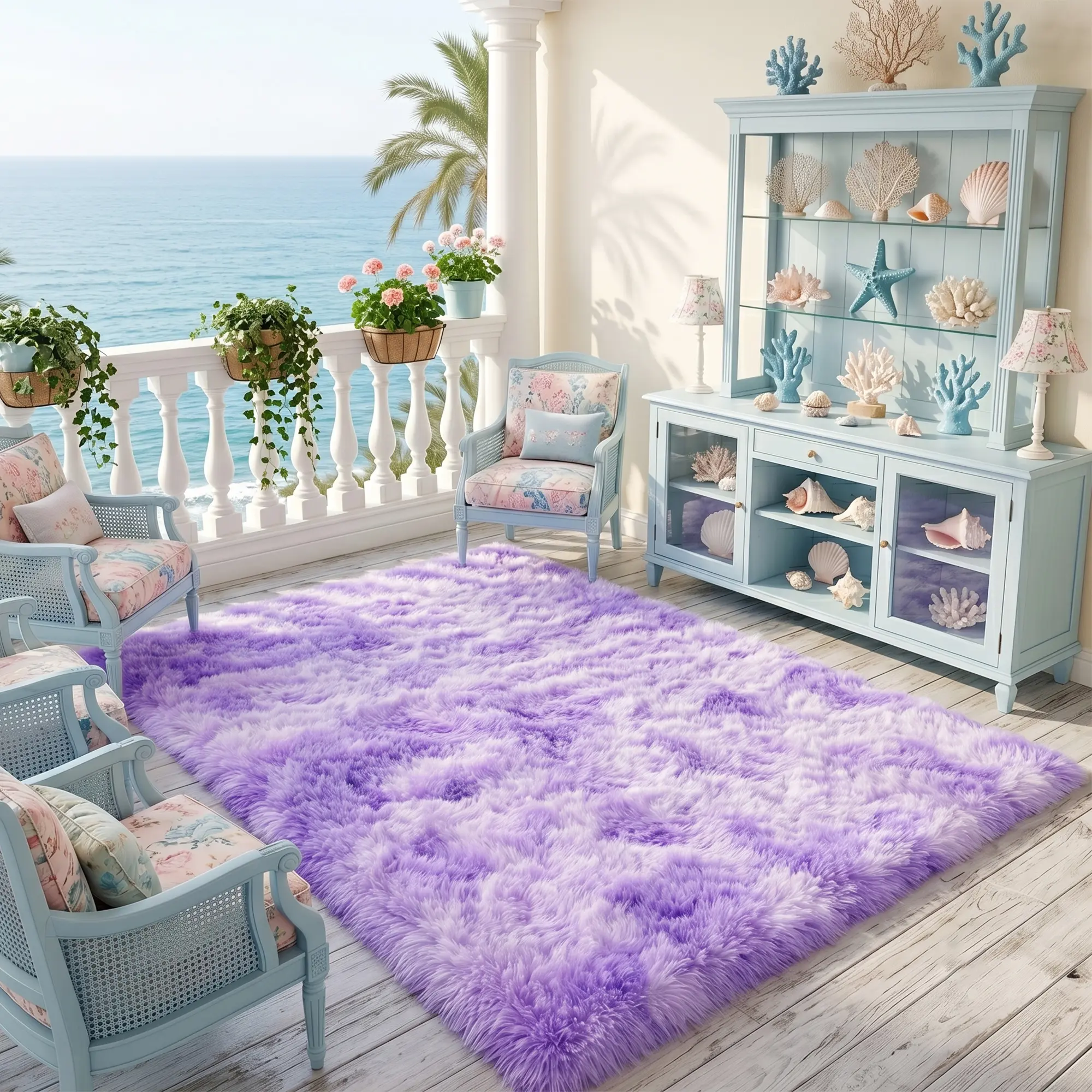 BLIOWL Tie-Dyed Lavender Purple Boho Modern Fluffy Shaggy Fuzzy Shag Rug - Non-Slip Floor Mat, Coquette Aesthetic Girl Room Decor, Living Room Decorations, Home Decor Essential, Boho Rug, Fluffy Shag Rug