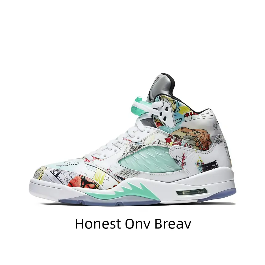 White Full Comic Print Retro High Top Basketball Sneakers, Mint Green Mesh Window & Shark Tooth Accent Translucent Ice Outsole Visible Air Cushion Midsole Art Street Trend Athletic Shoes