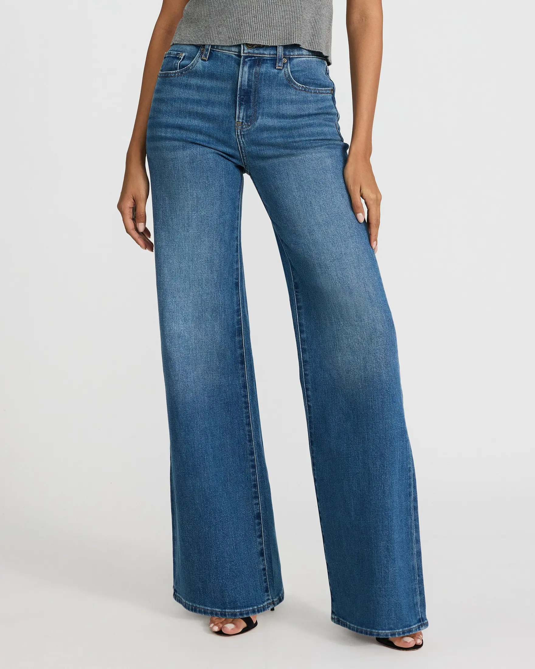 Express High Waisted Relaxed Flare Medium Wash Jeans