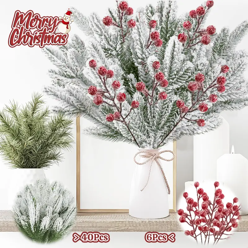 Snow Effect Synthetic Christmas Decoration Set - 40 Artificial Pine Needles, 6 Red Berry Branches, Snow-Covered Art Deco Picks for DIY Garland, Wreath, Home Garden Ornaments, 40 Pcs +6 Pcs, 6 Pcs