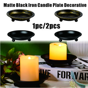1/2/pcs Matte Black Iron Candle Plate Decorative Saucer Style Candle Holder Tray Metal Pedestal Candle Stand for Halloween Christmas Table Centerpiece Wedding Party Decor Pillar Candles 3.93Inches