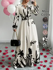 Women's Floral Print Self-Tie Neckline Dress, Fall Winter Long Sleeve A-Line Skirt Set, Bohemian Elegant Style, Slimming Waist Design