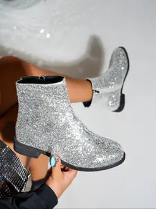 Women's Fashion Sequins Large Size Party Elegant Boots, Autumn Winter New Round Toe Fleece Lined Warm Side Zipper Thick Heel Chelsea Boots