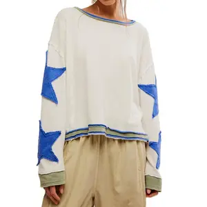 Oversized Women’s Star Graphic Crewneck Y2K Long Sleeve Vintage Striped Sweatshirt Pullover Top