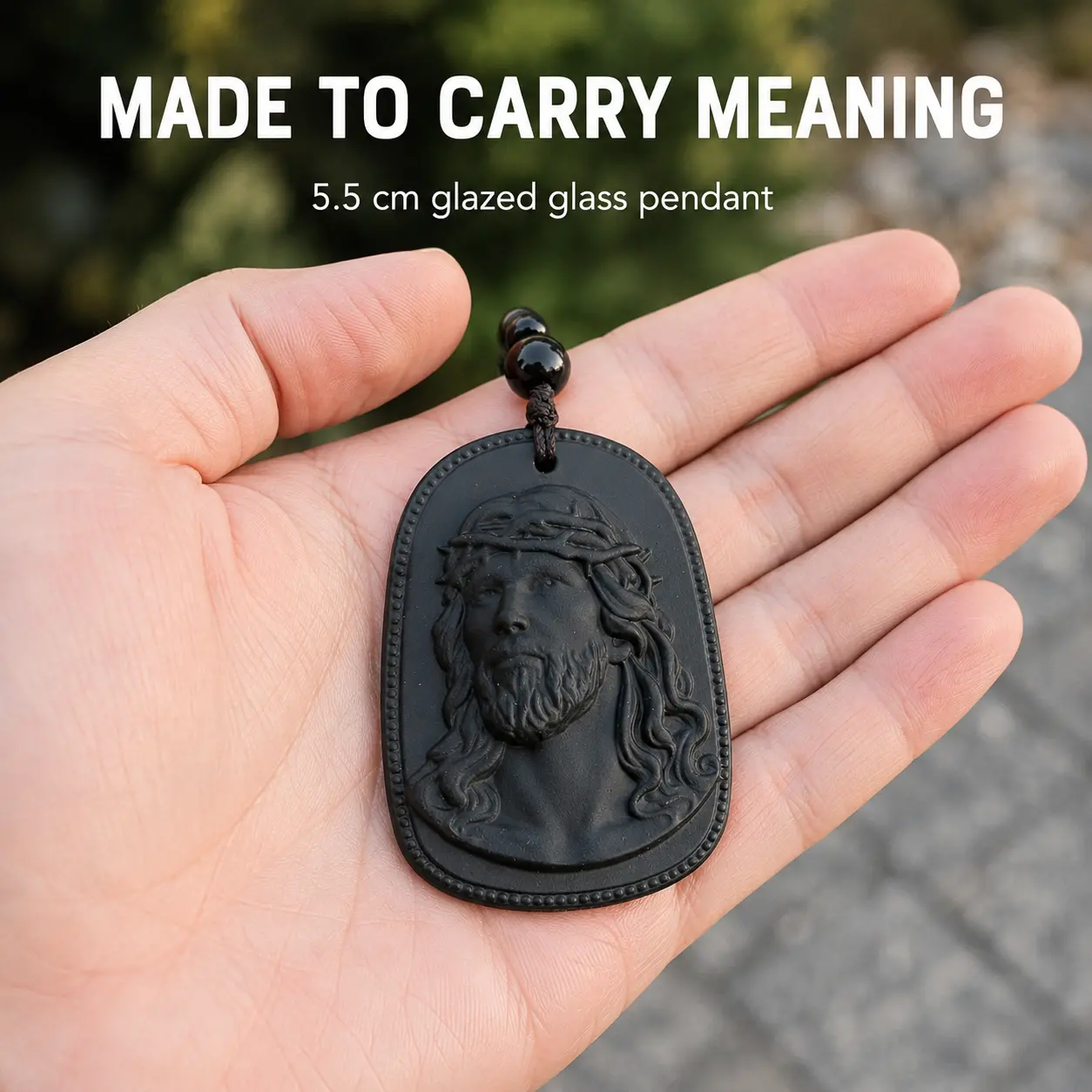 Black Glazed Glass Jesus Pendant Necklace, 65cm Beaded Christian Jewelry, Crown of Thorns Faith Necklace for Men & Women, Religious Gift for Easter, Christmas, Birthday, Prayer & Everyday Wear