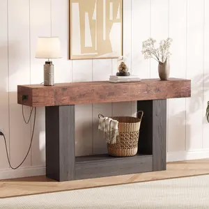 Garvee 63 in Farmhouse Entryway Table in Brown Grey or Grey, featuring 2-tier narrow console design with storage and charging station, ideal for hallway, foyer, living room, or behind couch use.