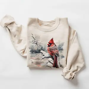 Retro Red Cardinal Winter Scene Sweatshirt 90s Birding Bird Watching Pullover Cotton